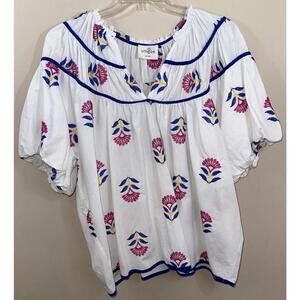 Umgee Floral Embroidered Peasant Top Size 2XL Ballon Sleeve Oversized Fun Blouse